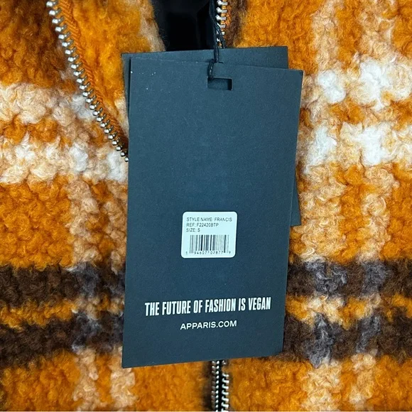 NWT apparis Francis Sherpa zip jacket plaid small orange‎ brown womens - Picture 6 of 13